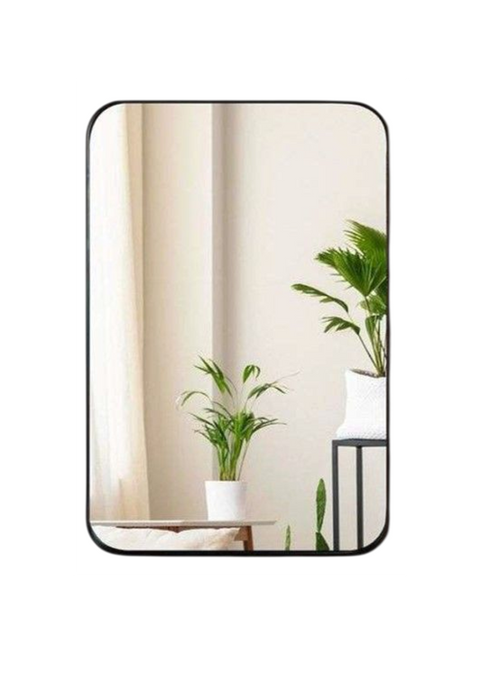 Rectangular mirror with a black frame reflecting a room with plants and furniture.