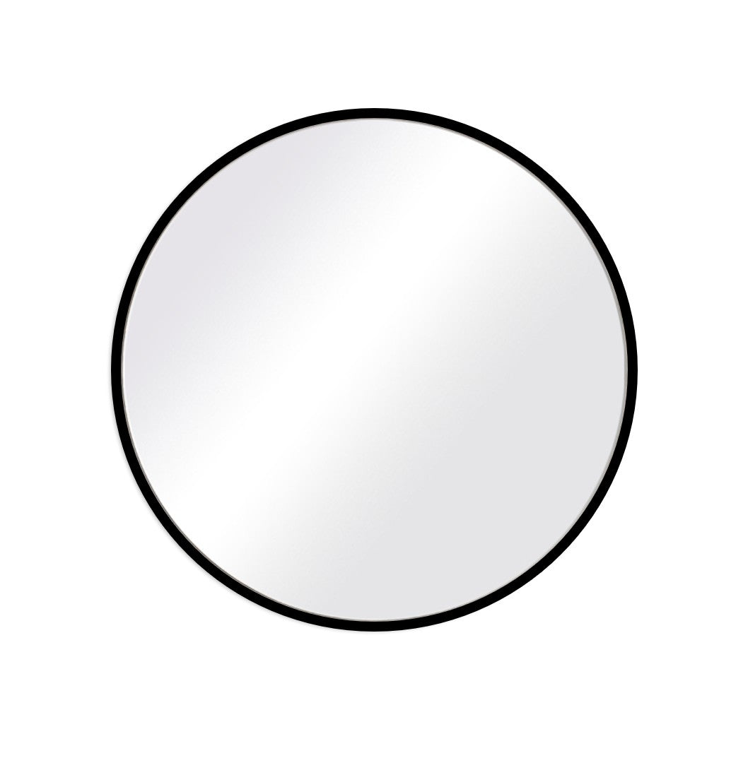 Round mirror with a black frame on a white background