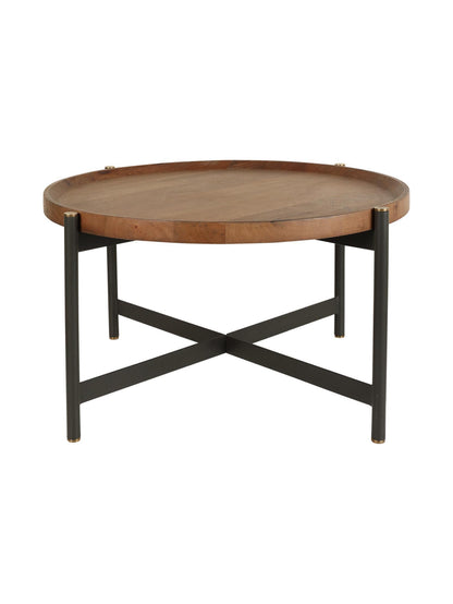 Round wooden coffee table with black metal legs on a white background