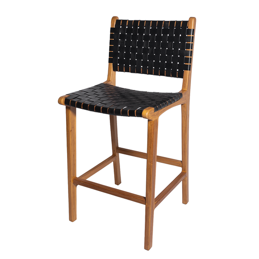 A stylish teak Bar Stool featuring a hand-woven leather seat and backrest