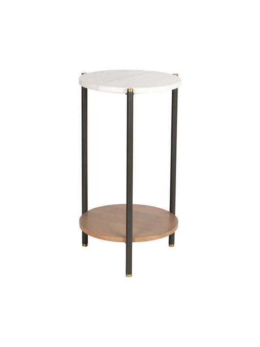 Small round side table with white top and wooden bottom on a white background