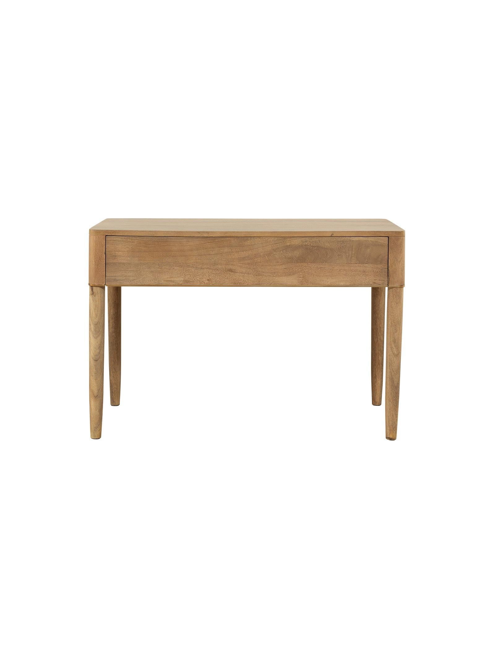 Wooden side table with a drawer on a white background