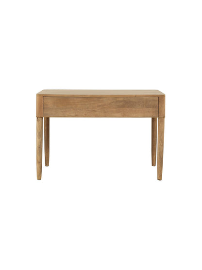 Wooden side table with a drawer on a white background