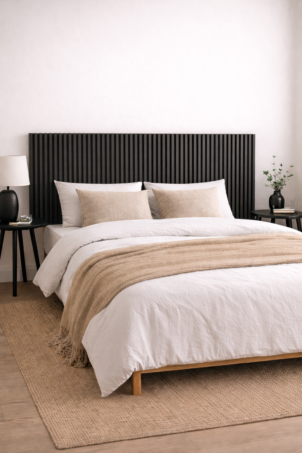 Black slatted headboard with vertical wood slats, modern minimalist bedroom headboard