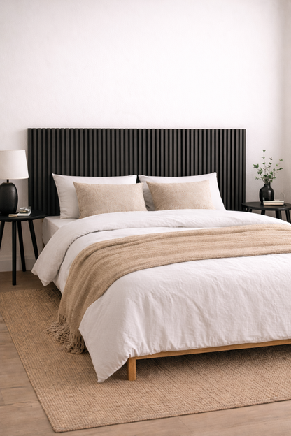 Black slatted headboard with vertical wood slats, modern minimalist bedroom headboard