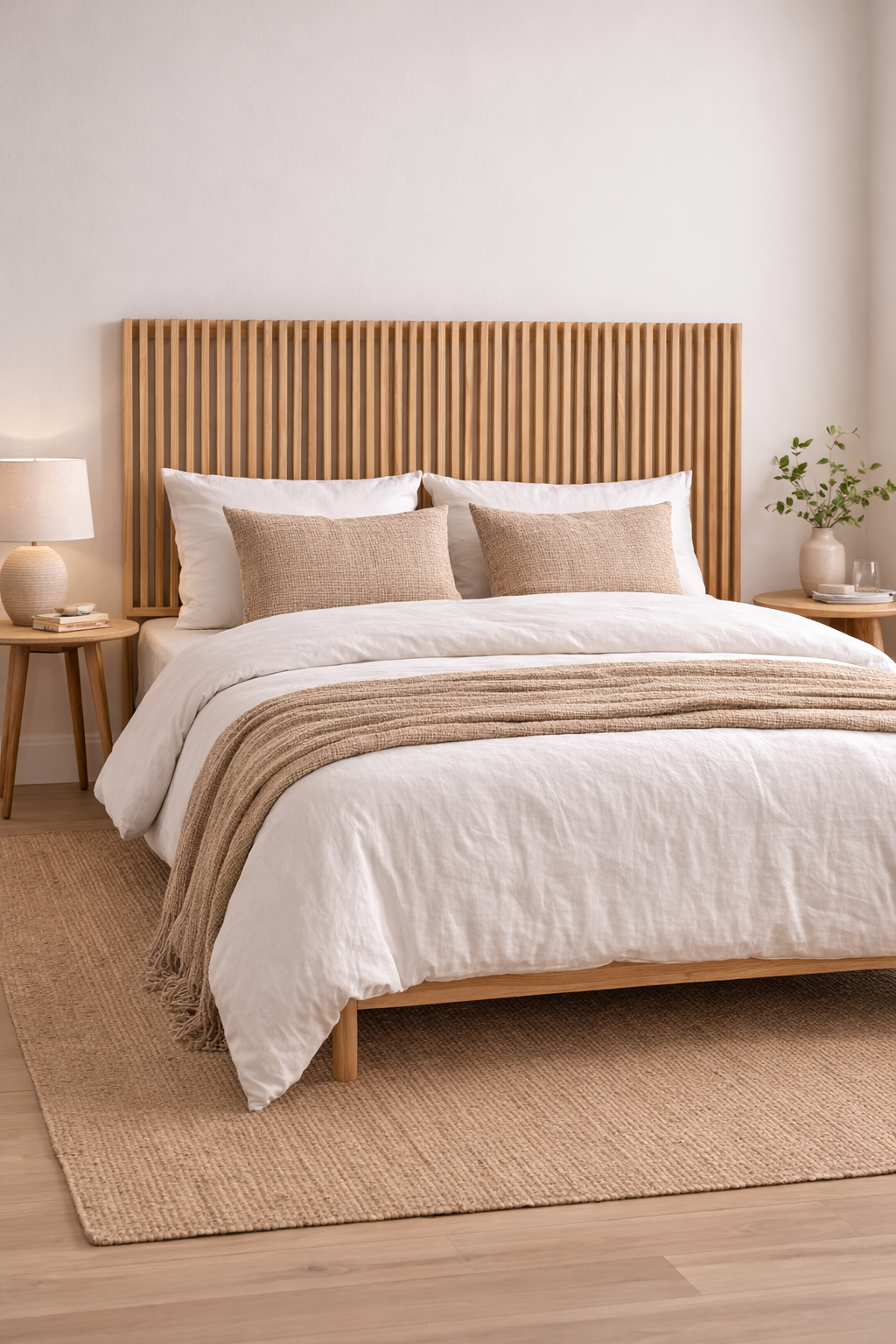 Natural wood slatted headboard with vertical timber slats, handcrafted modern bedroom headboard