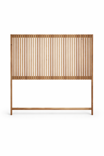 Solid wood slatted headboard in natural timber finish with vertical slats for modern bedroom design