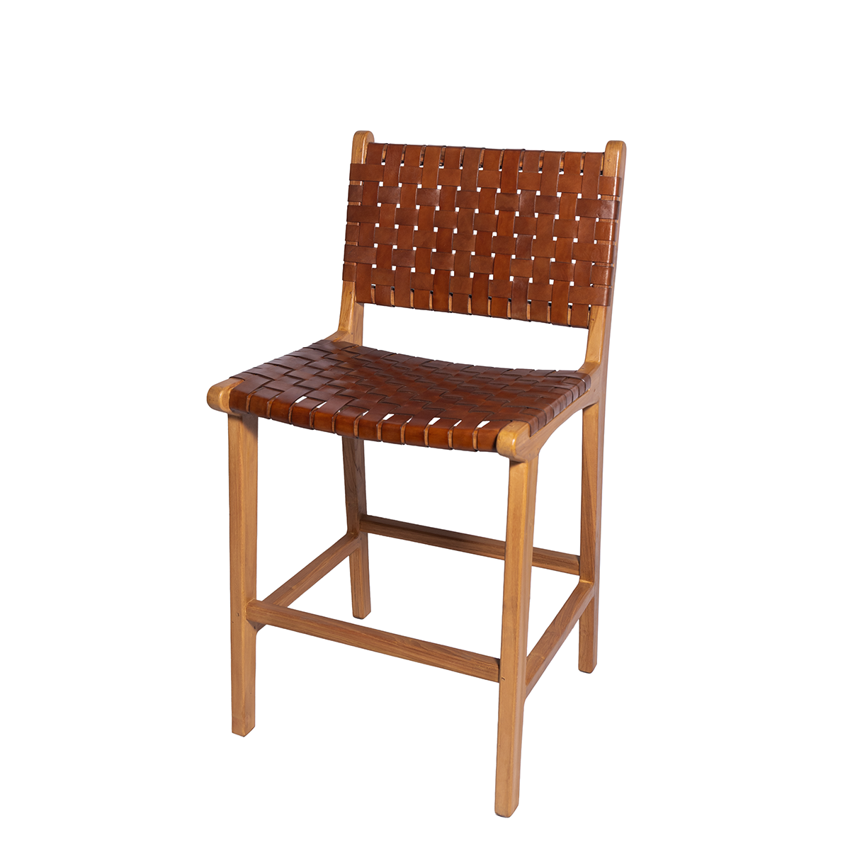 A stylish teak Bar Stool featuring a hand-woven leather seat and backrest