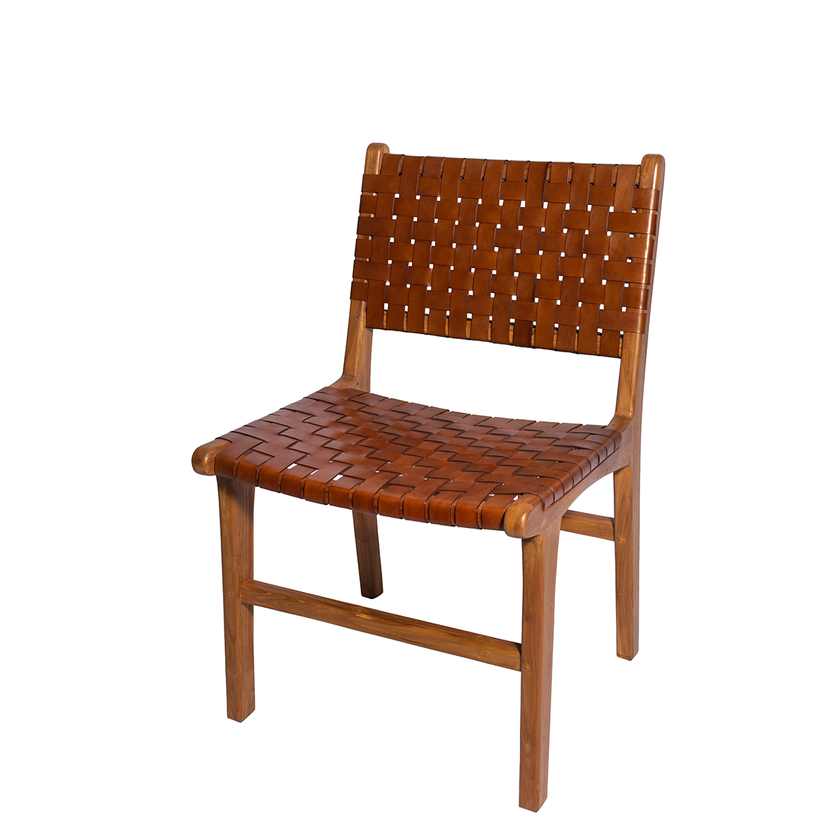 A stylish teak dining chair featuring a hand-woven leather seat and backrest