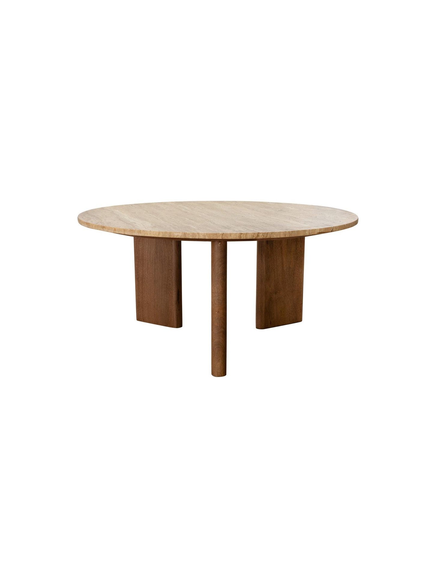 Round wooden table with a light brown top and dark brown legs on a white background