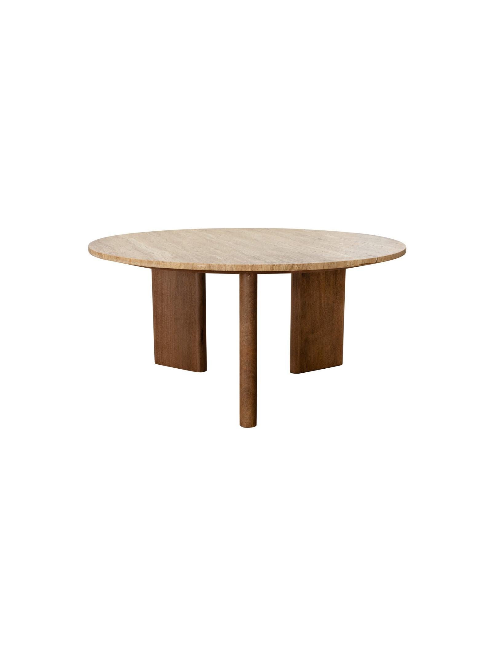 Round wooden table with a light brown top and dark brown legs on a white background