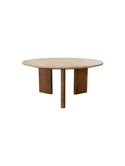 Round wooden table with a light brown top and dark brown legs on a white background
