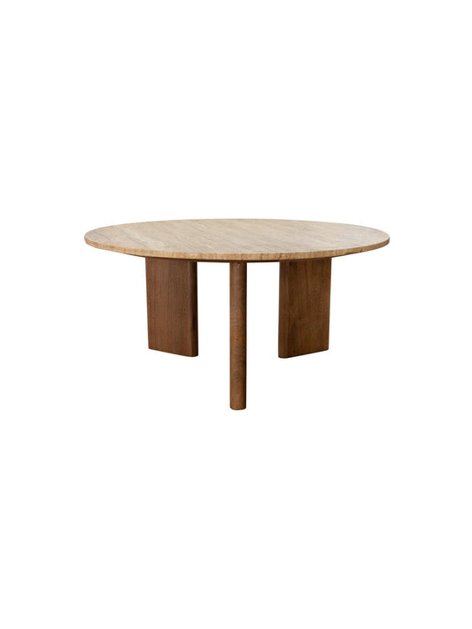 Round wooden table with a light brown top and dark brown legs on a white background