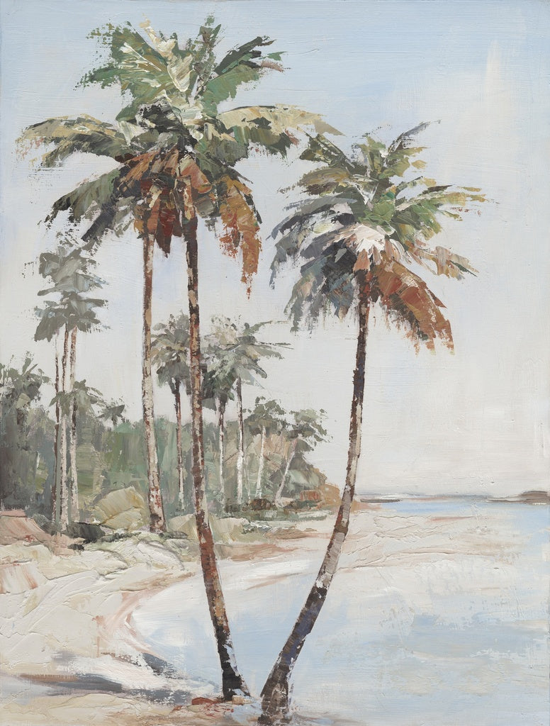 Painting of palm trees by a body of water with a light blue sky.
