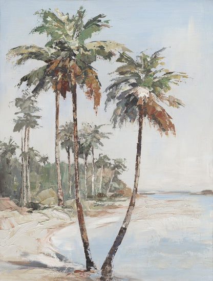 Painting of palm trees by a body of water with a light blue sky.