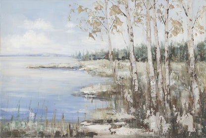Painting of a serene landscape with trees by a lake