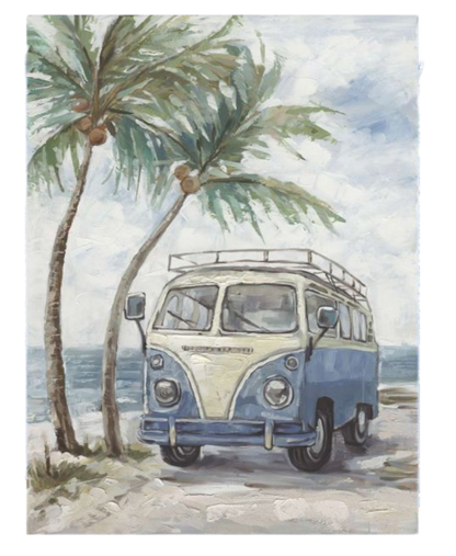 Vintage van with a surfboard on a beach scene with palm trees and ocean.