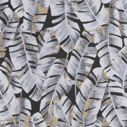 A wallpaper with a floral pattern featuring large leaves in a muted color palette, with a subtle shimmering overprint.