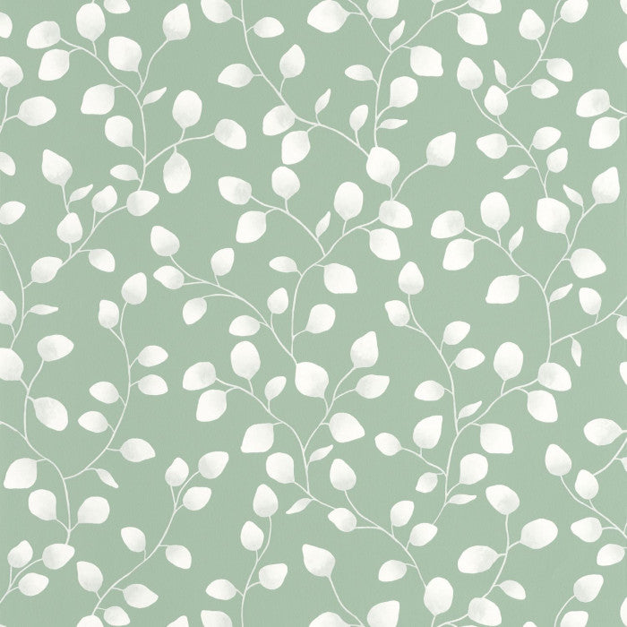 A wallpaper with a green background featuring a pattern of white eucalyptus leaves.