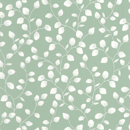 A wallpaper with a green background featuring a pattern of white eucalyptus leaves.