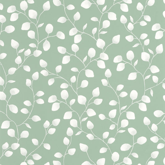 A wallpaper with a green background featuring a pattern of white eucalyptus leaves.
