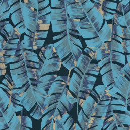 Tropical wallpaper for walls blue leaves and touch of gold