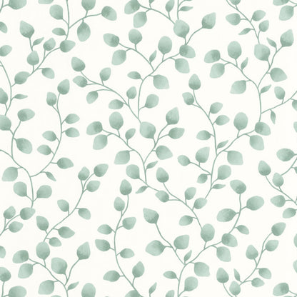 A wallpaper with a green background featuring a pattern of white eucalyptus leaves.