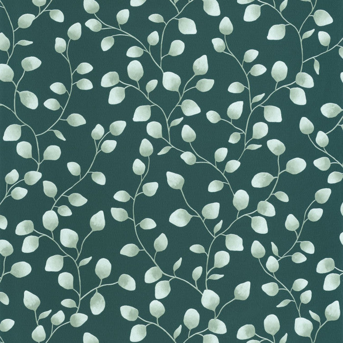 A wallpaper with a green background featuring a pattern of white eucalyptus leaves.