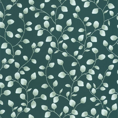 A wallpaper with a green background featuring a pattern of white eucalyptus leaves.