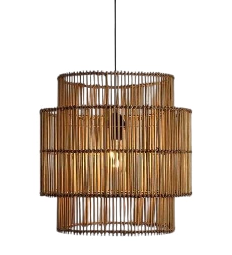 Woven rattan pendant light on a white background