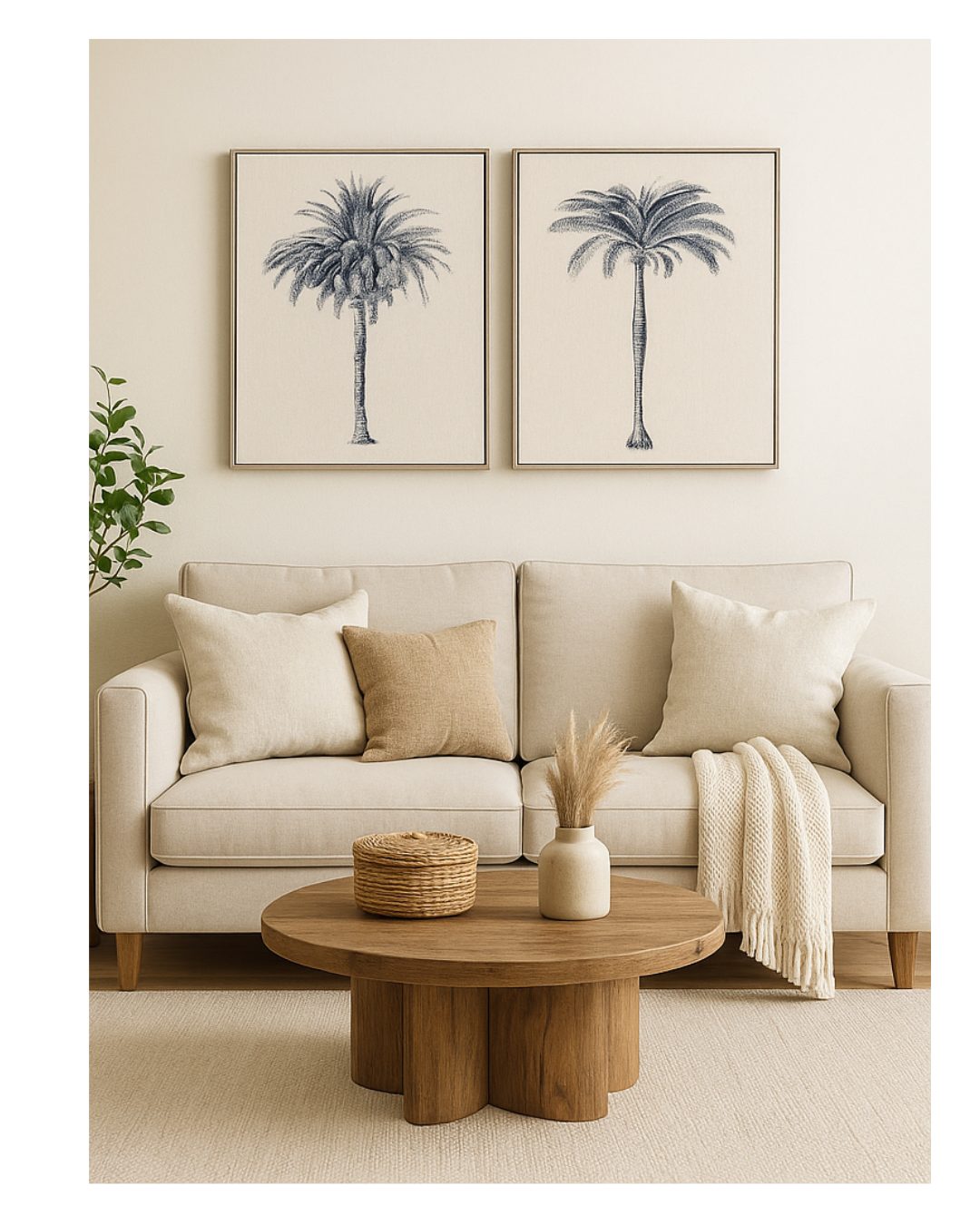 Living room with beige sofa, wooden coffee table, and palm tree artwork on the wall.