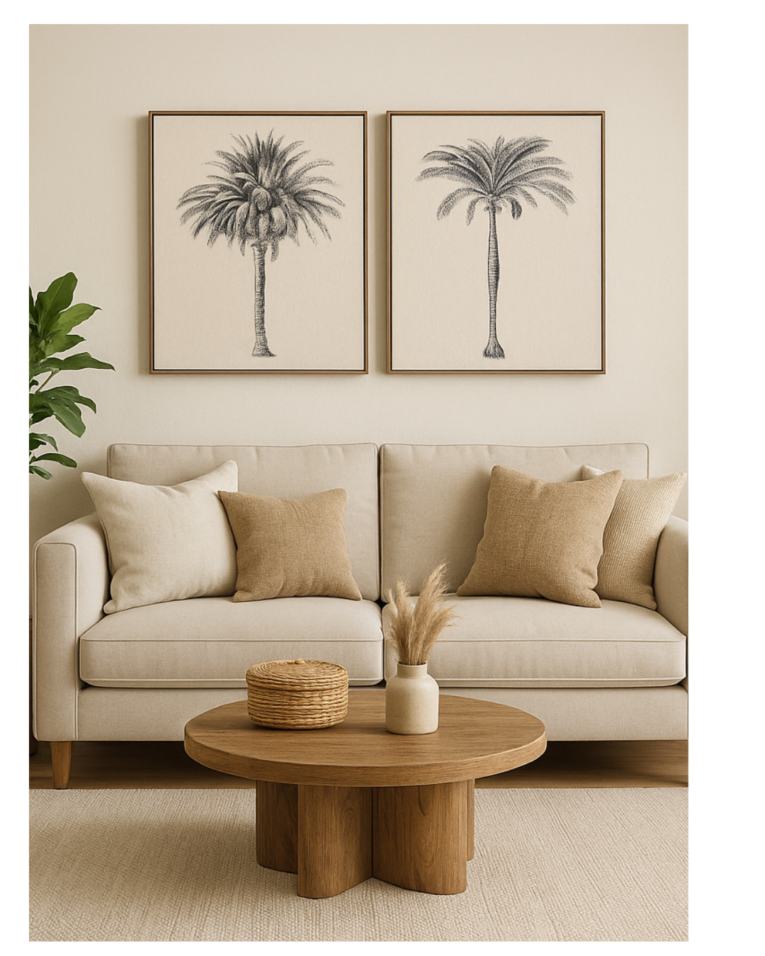 Beige living room with a sofa, coffee table, and palm tree artwork.