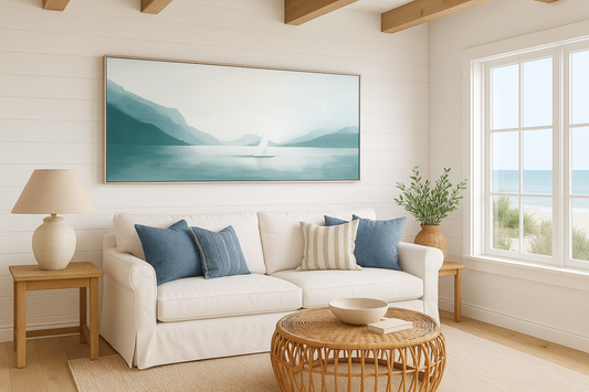 Living room with a white sofa, wooden coffee table, and large window showing a beach view.