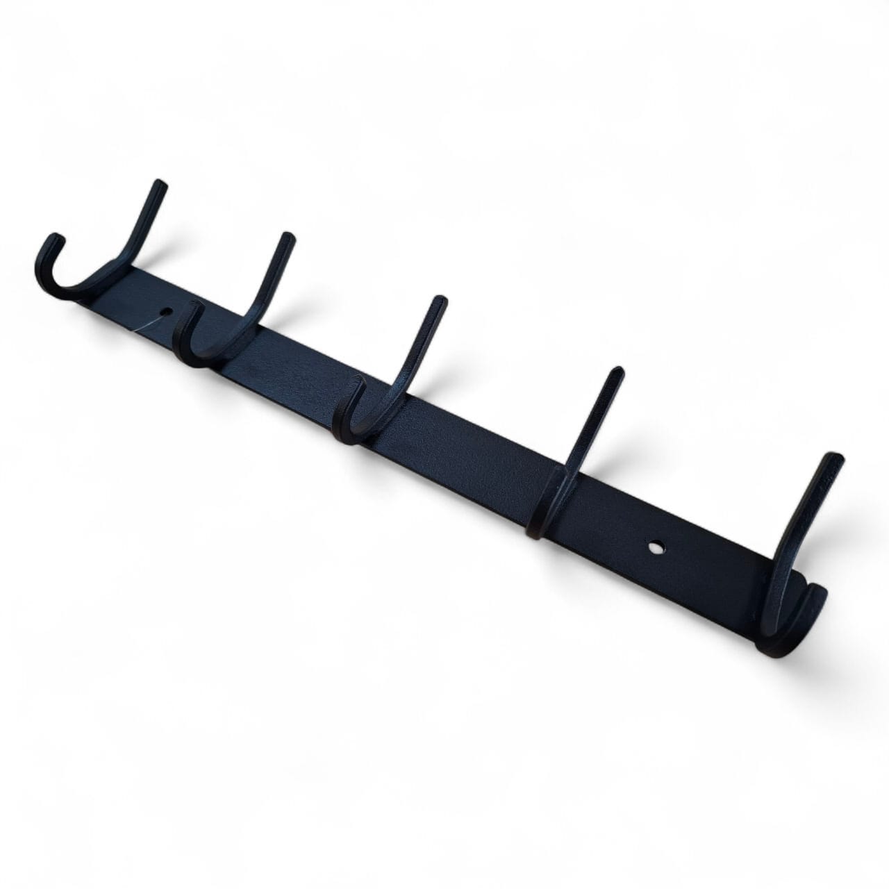 Black metal wall hook rack with multiple hooks on a white background