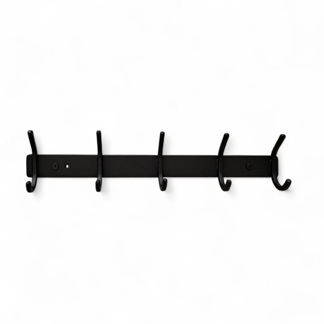 Black wall-mounted coat rack with five hooks on a white background