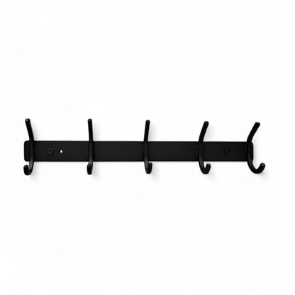 Black wall-mounted coat rack with five hooks on a white background