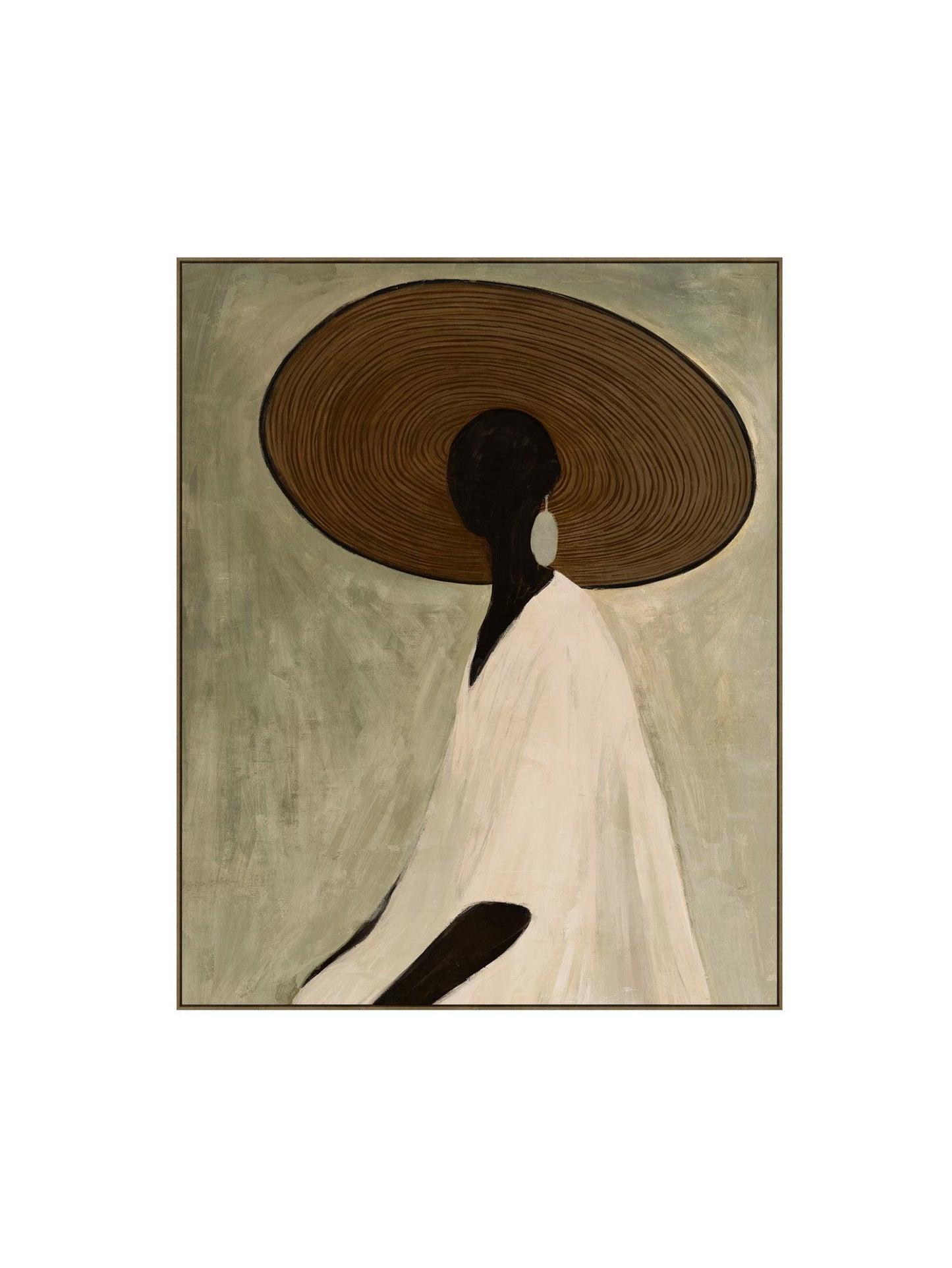 Framed artwork of a silhouette with a large brown hat on a textured beige background