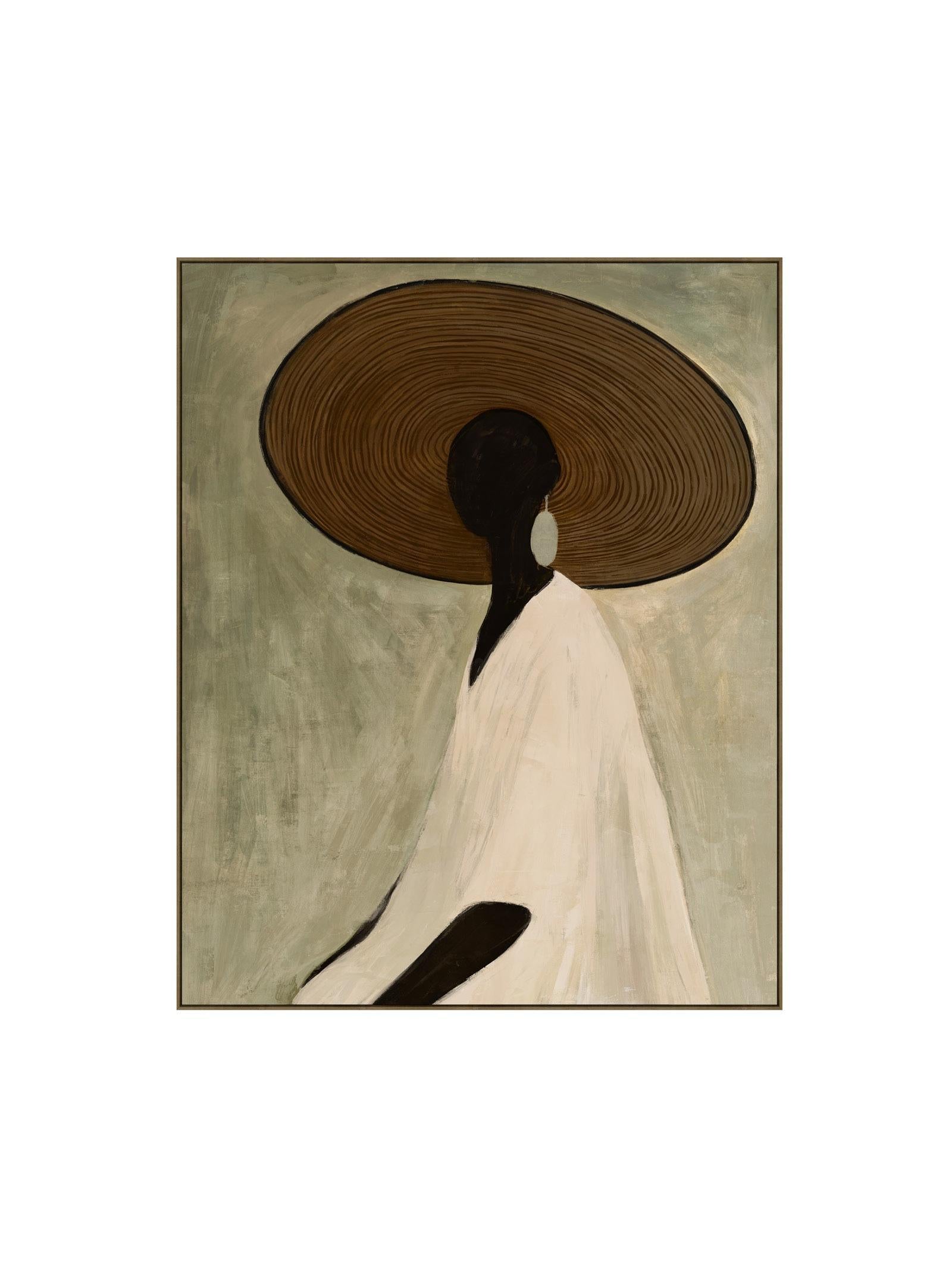 Framed artwork of a silhouette with a large brown hat on a textured beige background