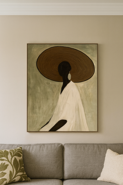 Framed artwork of a silhouette with a large hat on a wall above a sofa.
