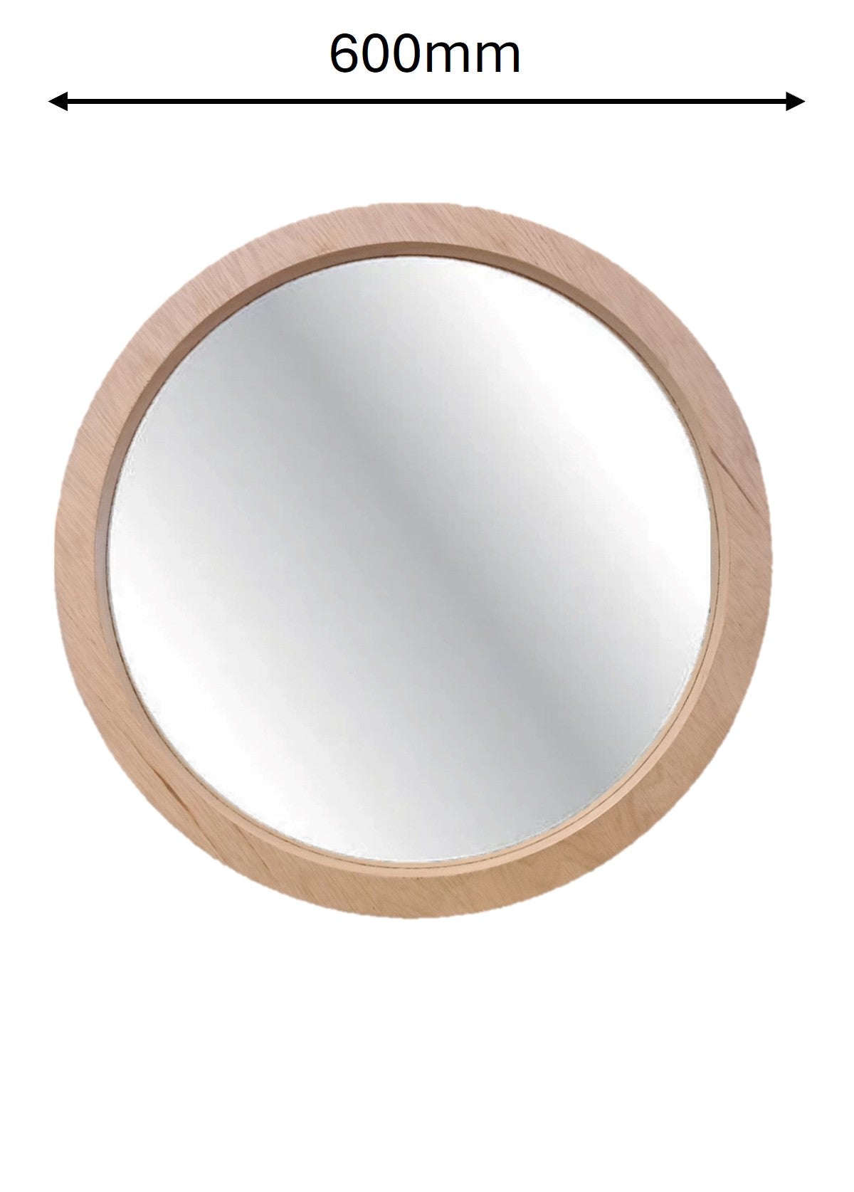 Round mirror with a wooden frame and dimensions indicated on a white background