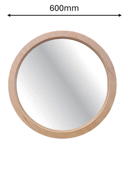 Round mirror with a wooden frame and dimensions indicated on a white background
