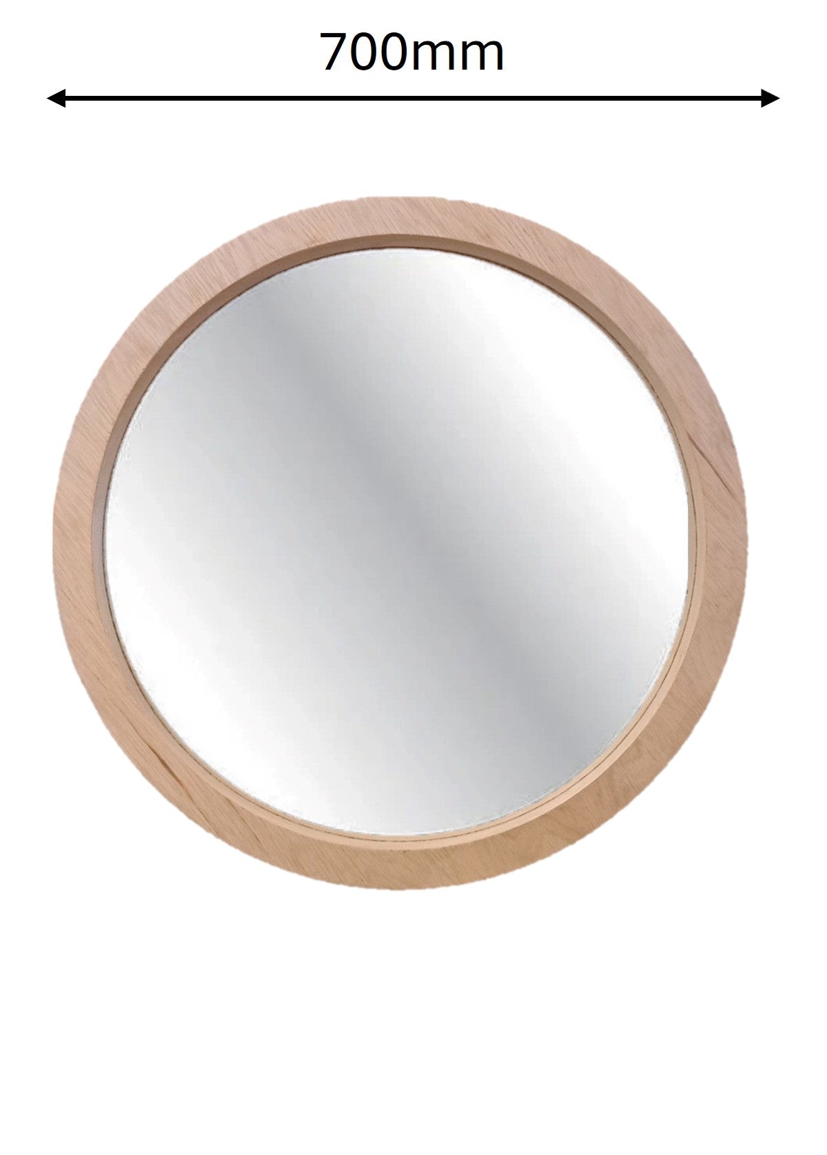 Round mirror with a wooden frame and dimensions indicated on a white background