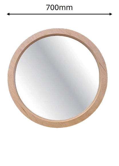Round mirror with a wooden frame and dimensions indicated on a white background