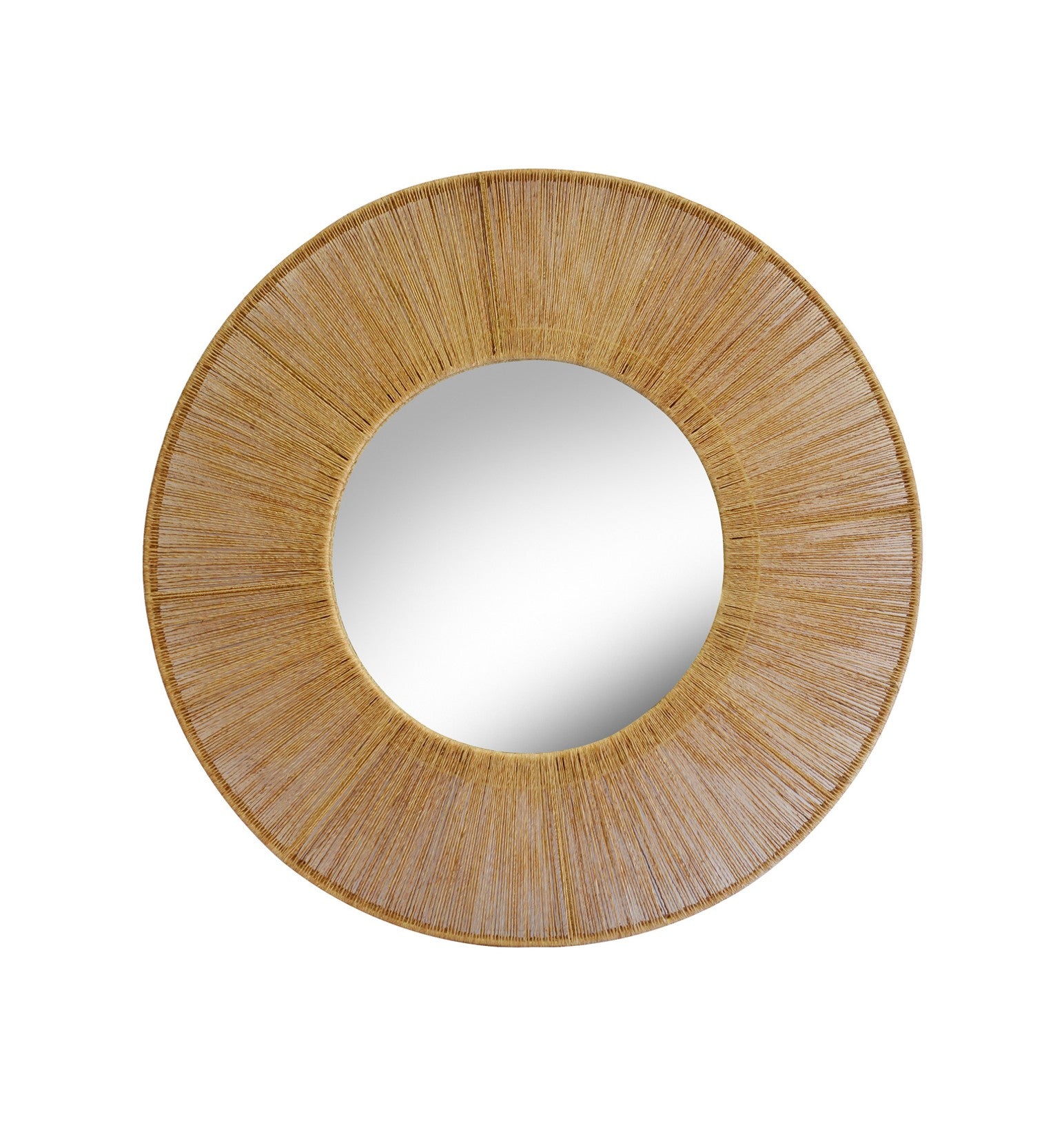 Round mirror with a woven brown frame on a white background