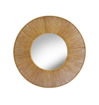 Round mirror with a woven brown frame on a white background