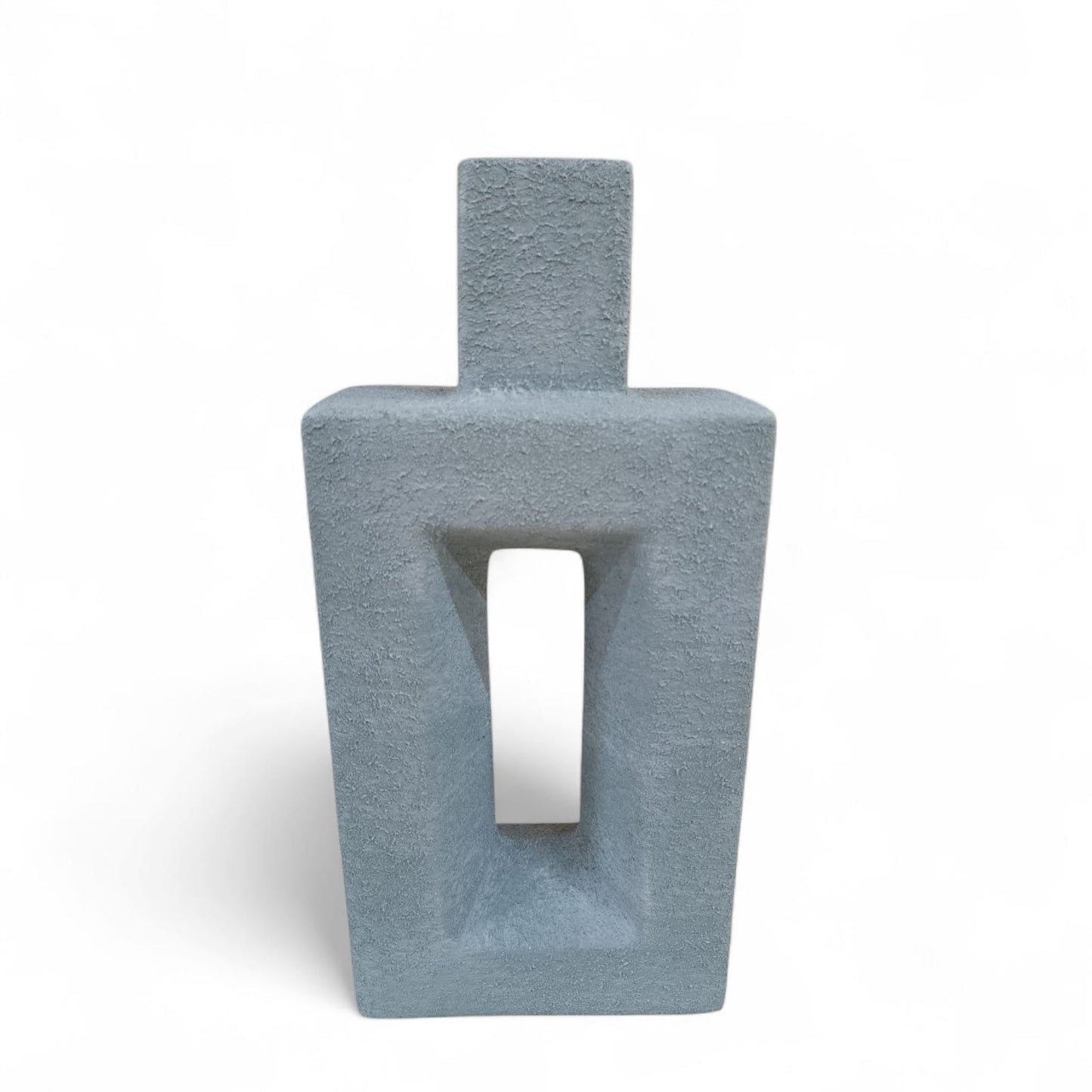 Gray textured vase with a rectangular opening on a white background