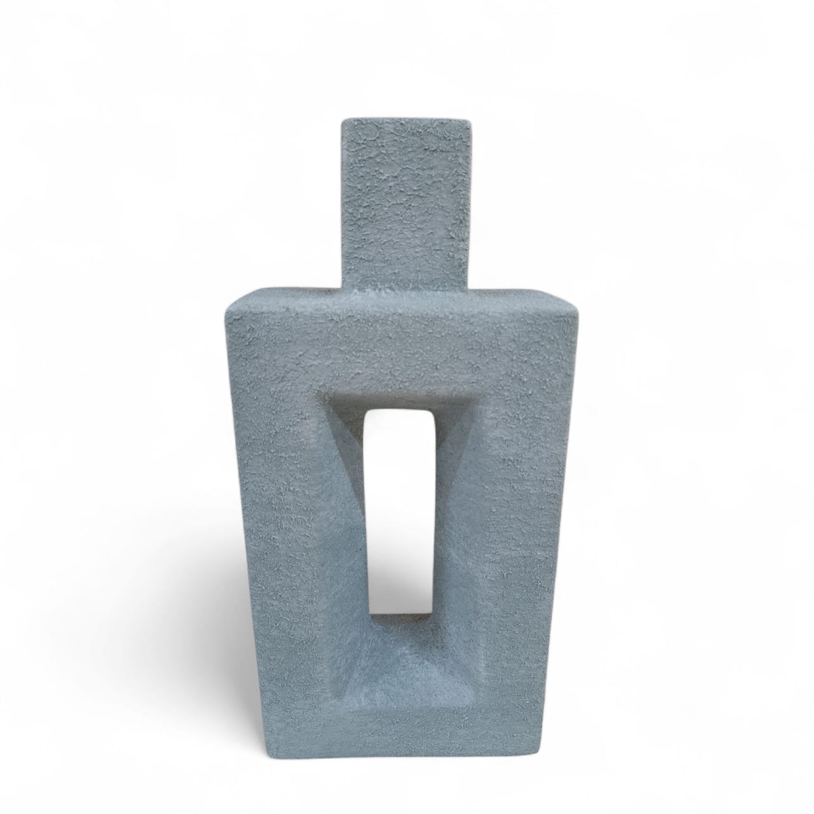 Gray textured vase with a rectangular opening on a white background