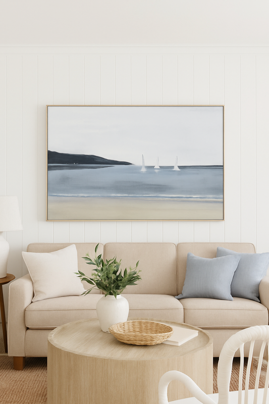 Coastal Sailboats Wall Art – Blue Seascape Beach Painting