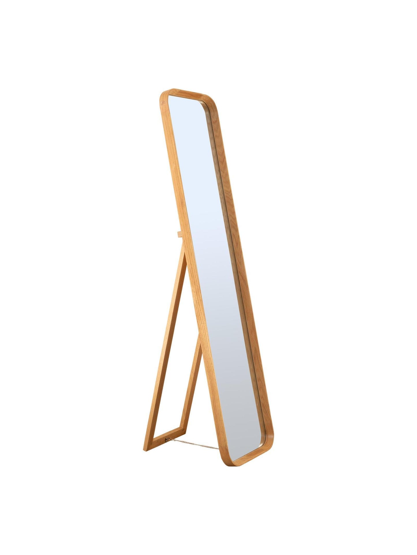 Wooden-framed standing mirror on a white background