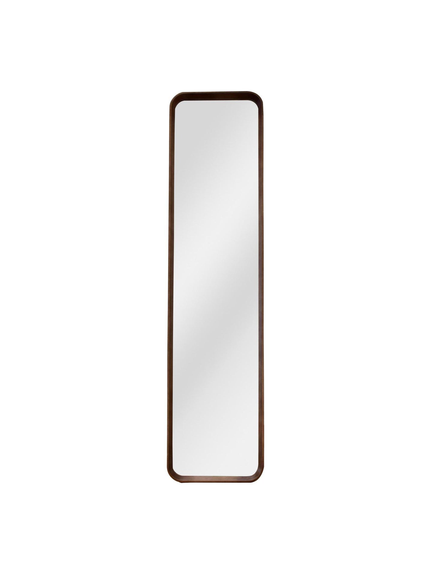 Rectangular mirror with a brown frame on a white background